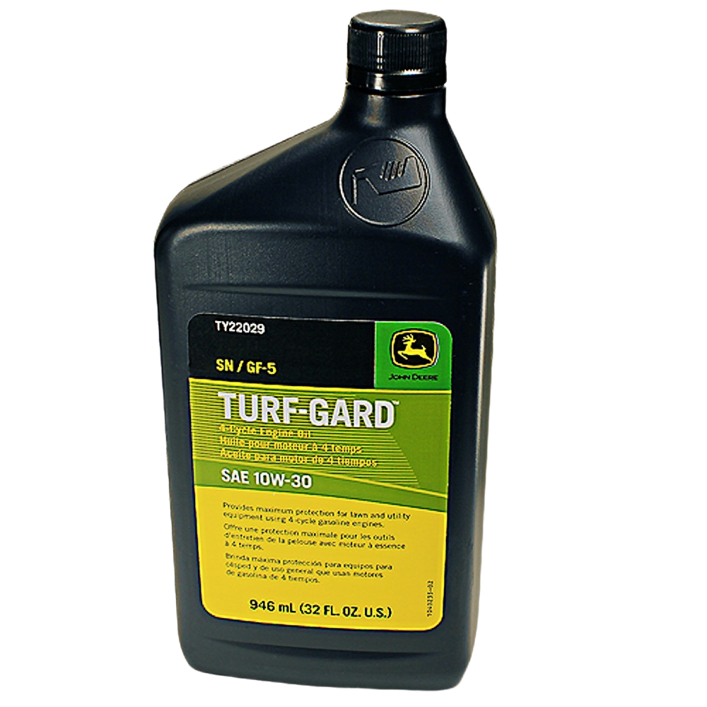 Black plastic bottle of John Deere Turf-Gard engine oil with green and yellow label for tools and home maintenance tasks