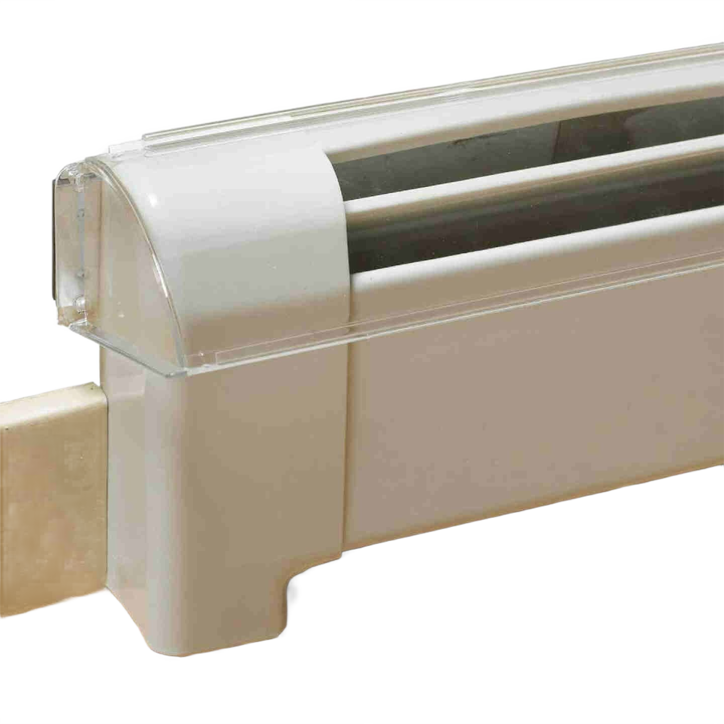 Adjustable clear and beige heat deflector for baseboard heating, designed for improved airflow in plumbing and home improvement collections
