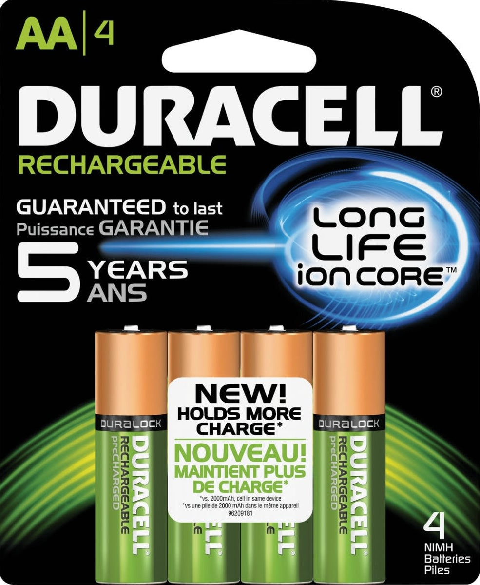 Pack of four Duracell AA rechargeable batteries with long-life ion core technology in household and electrical use collections