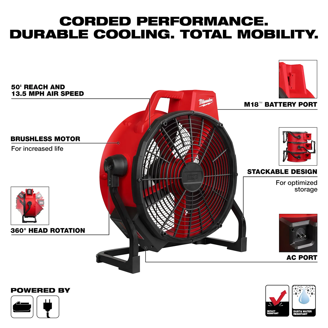Red and black Milwaukee M18 18-inch fan with brushless motor, 360-degree rotation, and stackable design for power tools collection