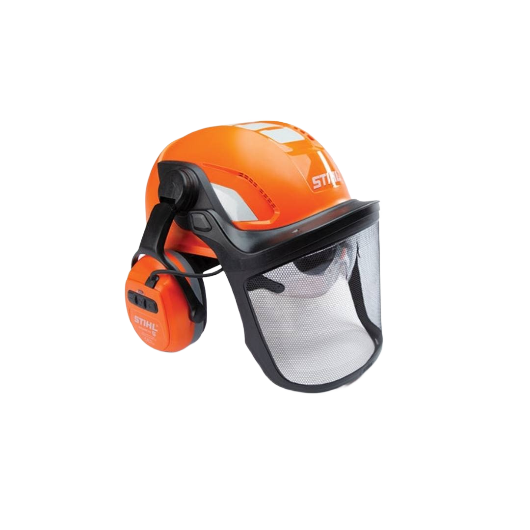 Orange protective helmet with mesh face shield and integrated hearing protection for safety equipment collections