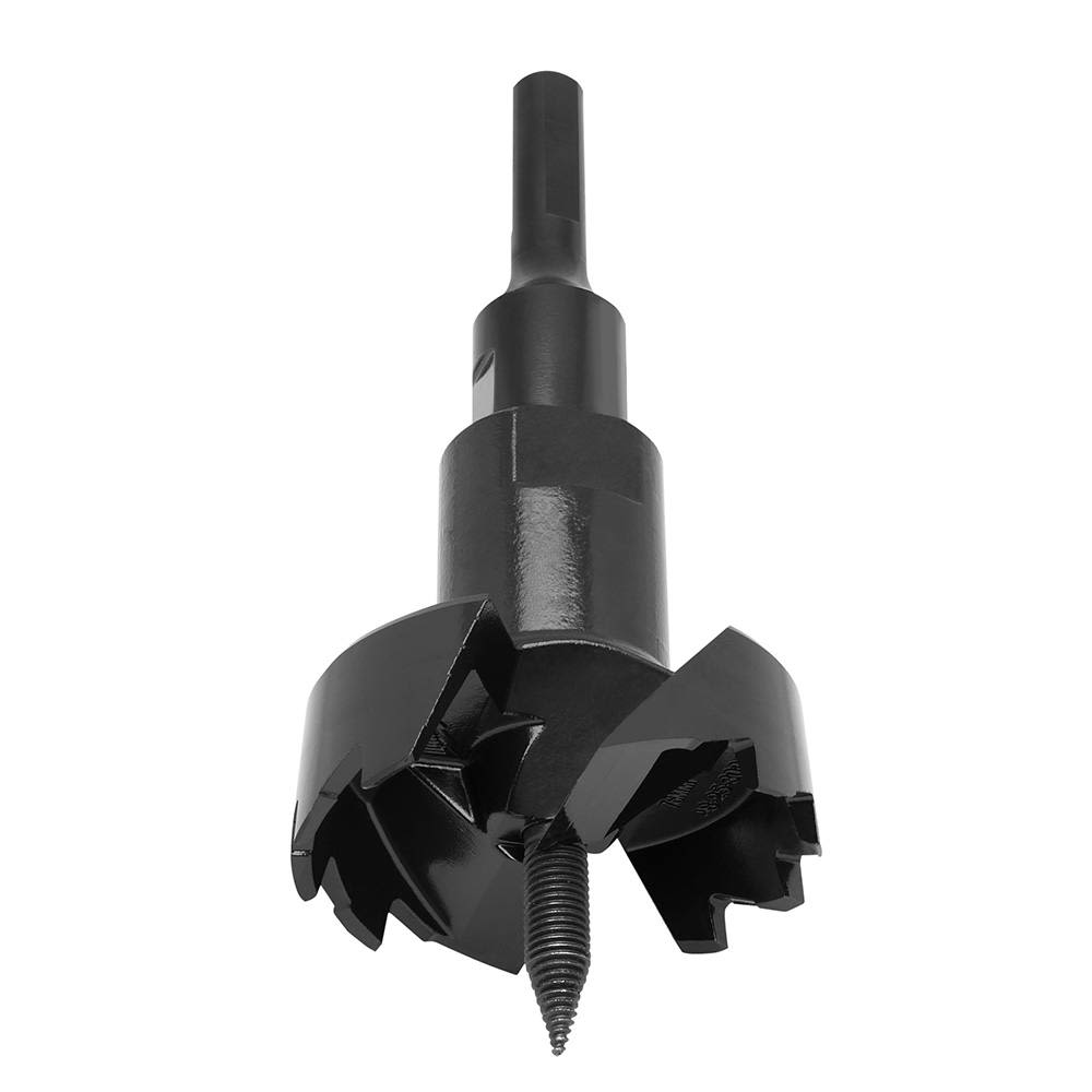 Black steel self-feed drill bit with sharp cutting edges for precise wood boring in tools and home improvement projects