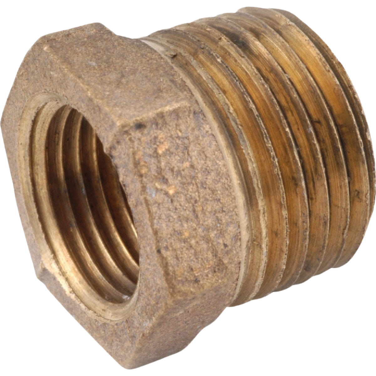 Red brass hex reducing bushing with threaded male and female ends for plumbing and pipes under $50 collections