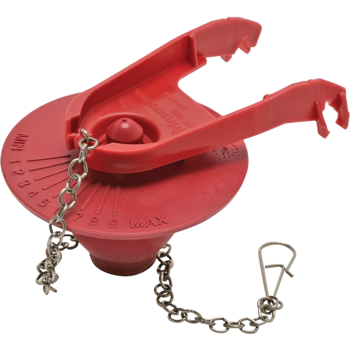 Red adjustable flush valve flapper with metal chain for plumbing and toilet repair parts under $50 and $100.