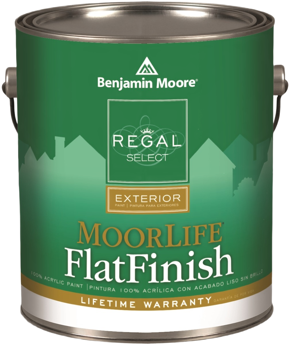 Green and gold labeled one-gallon can of tintable flat finish exterior paint for home improvement projects