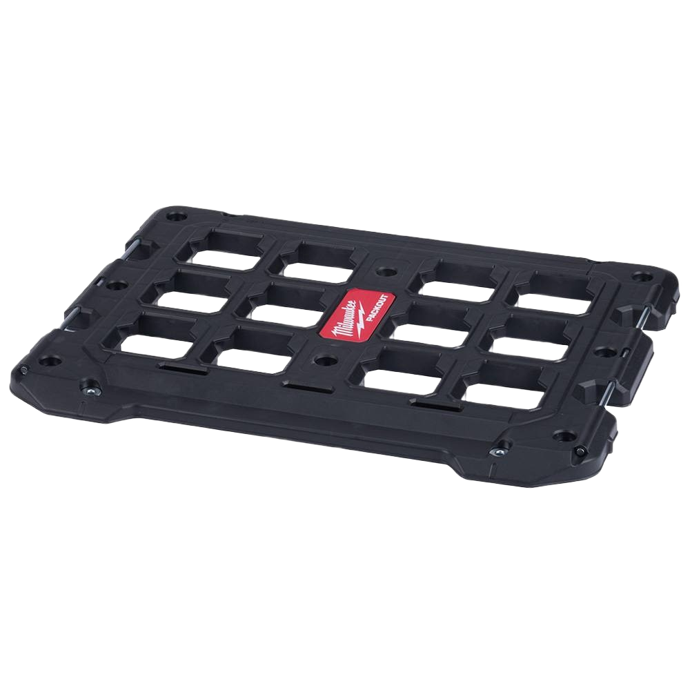 Durable black impact-resistant polymer mounting plate with red logo for heavy-duty tool storage and workshop organization