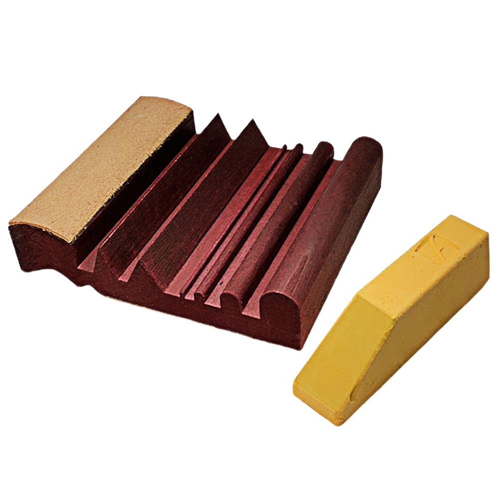 Wooden multi-groove sharpener with a yellow honing wax block for precision tool sharpening in home improvement tasks
