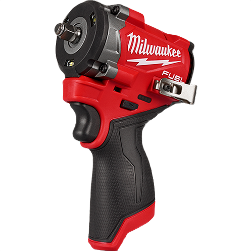 Compact red and black cordless 3/8-inch impact wrench with textured grip and metal belt clip for tools and home improvement tasks