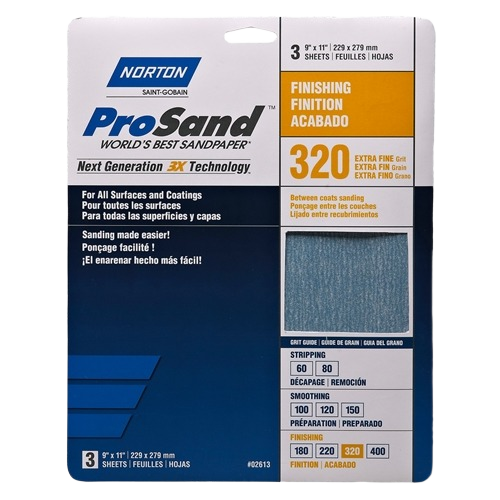 Package of three Norton Prosand 320-grit sanding sheets for finishing, part of Sand Paper, Patching & Repair and Paint & Supplies collections