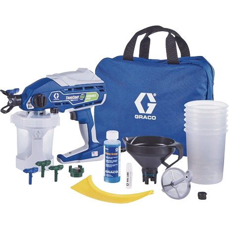 Blue handheld variable speed airless paint sprayer kit with accessories and carrying case in paint sprayers collection