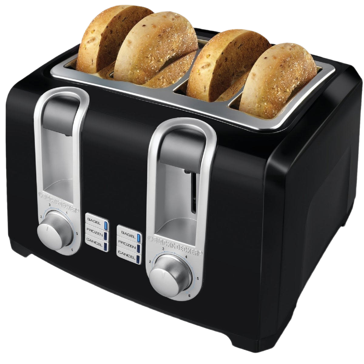 Black four-slice toaster with dual controls and bagels toasting for small kitchen appliances under $100 collections