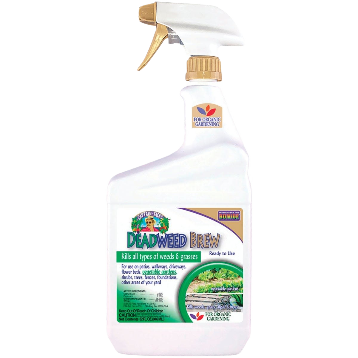 White spray bottle of organic weed and grass killer designed for home gardening and lawn maintenance tasks