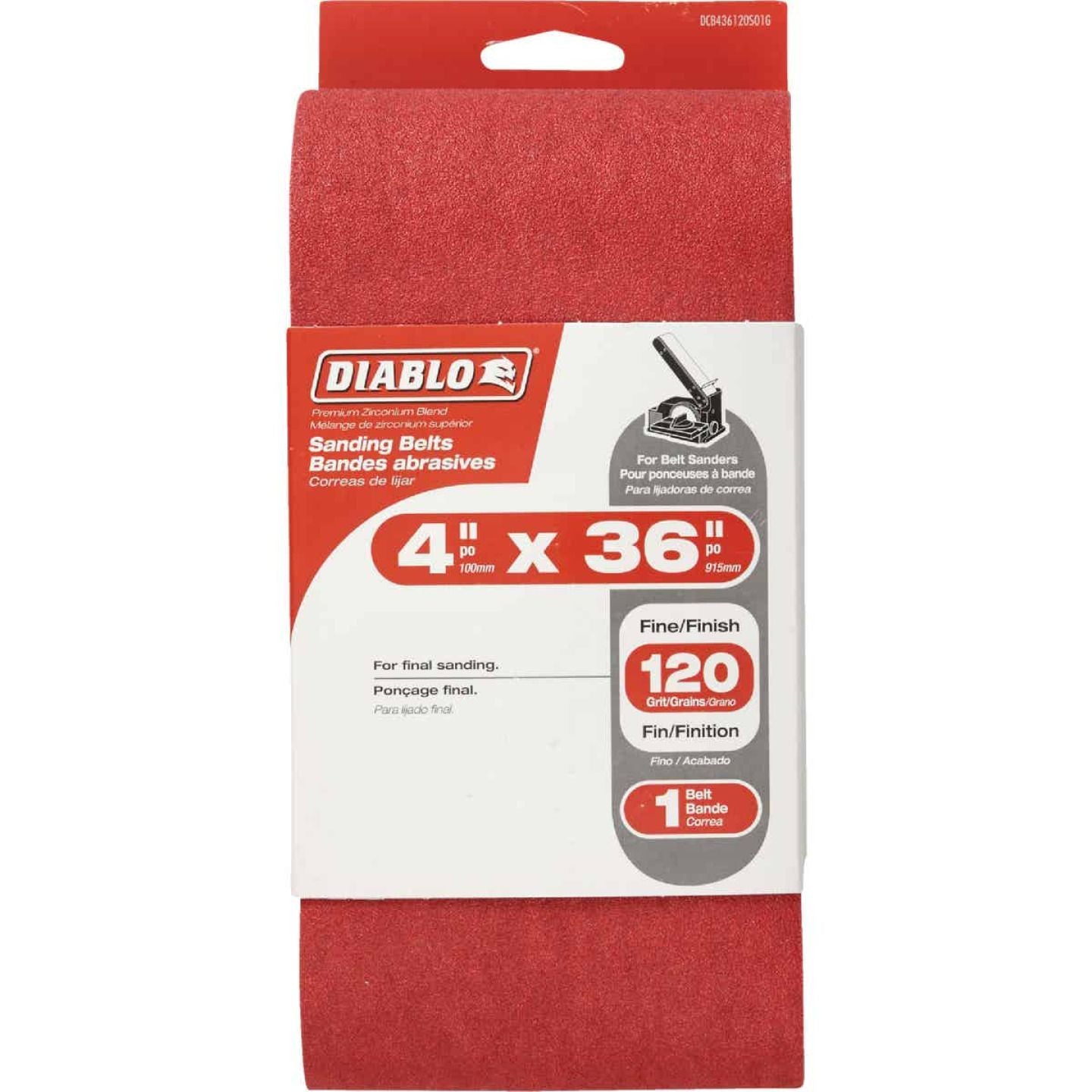 Red 4 x 36 inch 120-grit sanding belt for fine finishing on belt sanders in tools and home improvement tasks