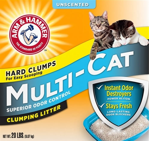 Packaging of Arm & Hammer unscented multi-cat clumping litter featuring two cats and odor control messaging