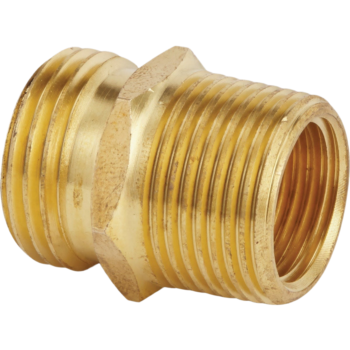 Brass hose connector with multiple threaded fittings for garden and home improvement watering systems
