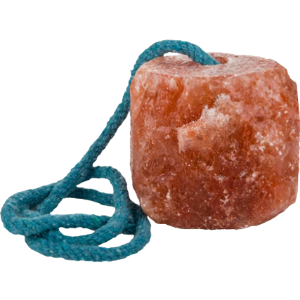 Natural Himalayan rock salt block with blue rope for culinary or seasoning use in kitchen and home settings