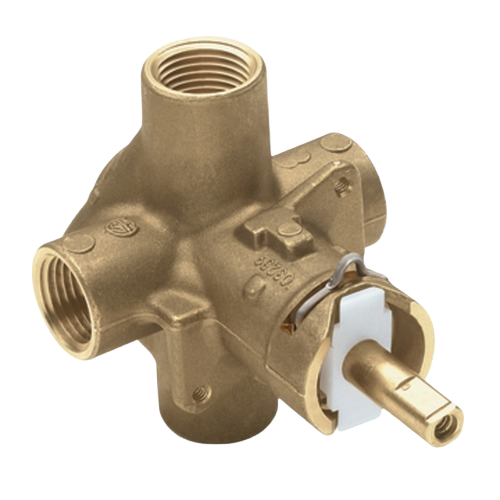 Brass plumbing valve with four threaded connections, designed for tub and shower temperature control in home improvement tasks
