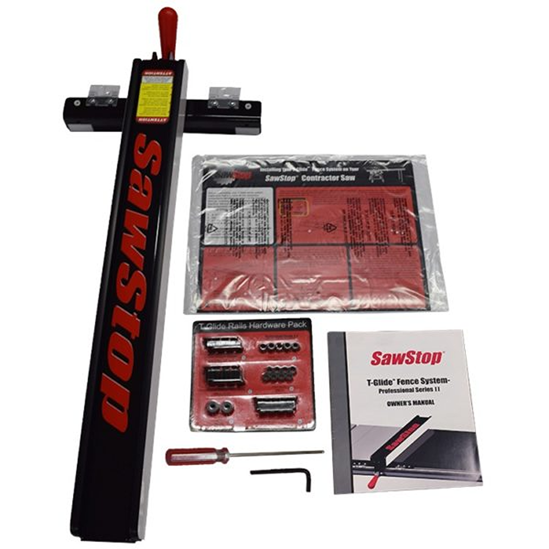 SawStop T-Glide fence assembly with hardware kit, manual, and components for woodworking power tools and home improvement.
