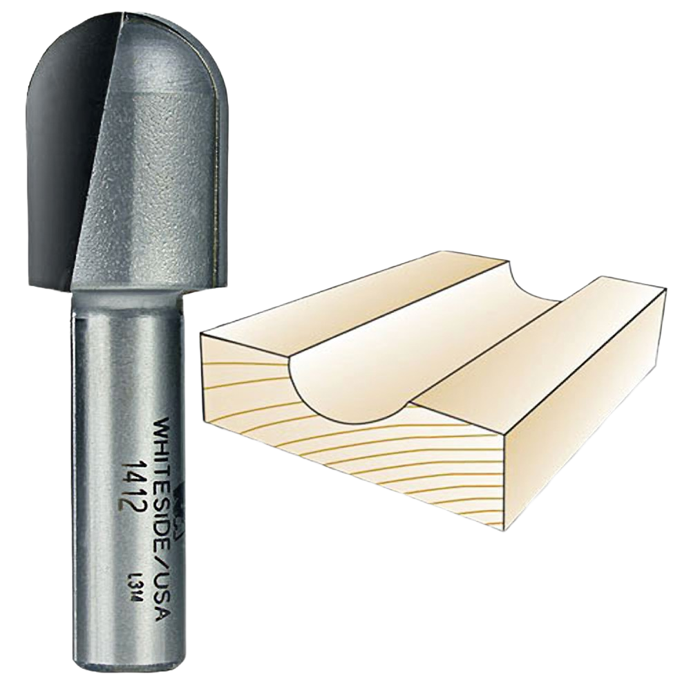 Round nose router bit with carbide tip next to wooden block groove, for precise cuts in power tool accessories under $100 collection