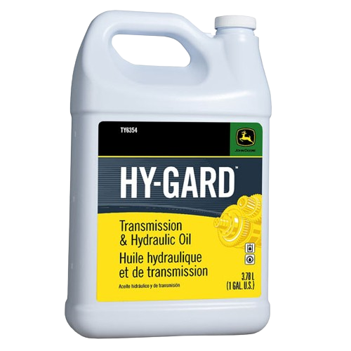 One-gallon container of John Deere Hy-Gard transmission and hydraulic oil for equipment maintenance tasks