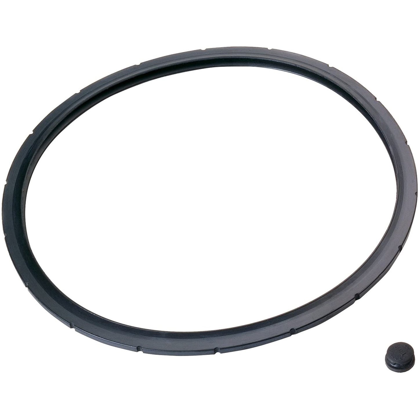 Black rubber sealing gasket ring with small pressure release valve for 16 to 23 quart pressure cookers in home kitchens
