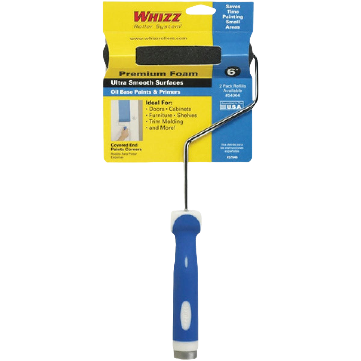 Paint roller with premium foam cover and blue soft-touch handle for smooth finishes in home improvement projects