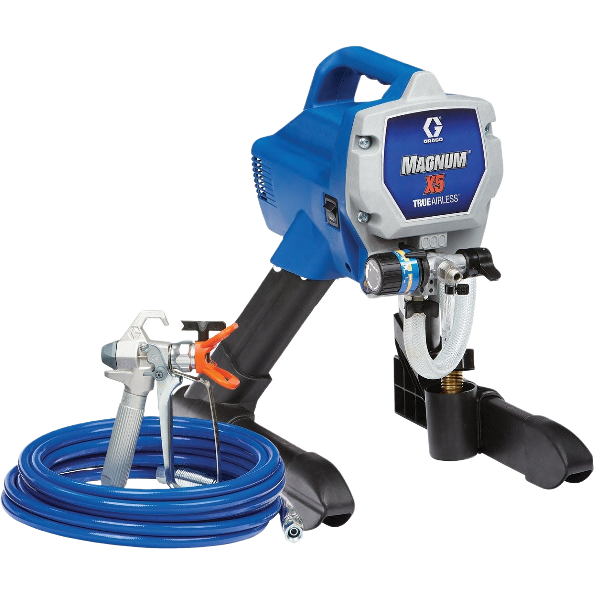 Blue and gray Graco Magnum X5 airless paint sprayer with gun and coiled hose for home improvement projects