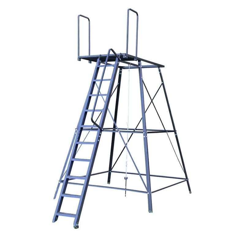 Powder coated steel tower stand with ladder and safety rails for outdoor or home improvement use