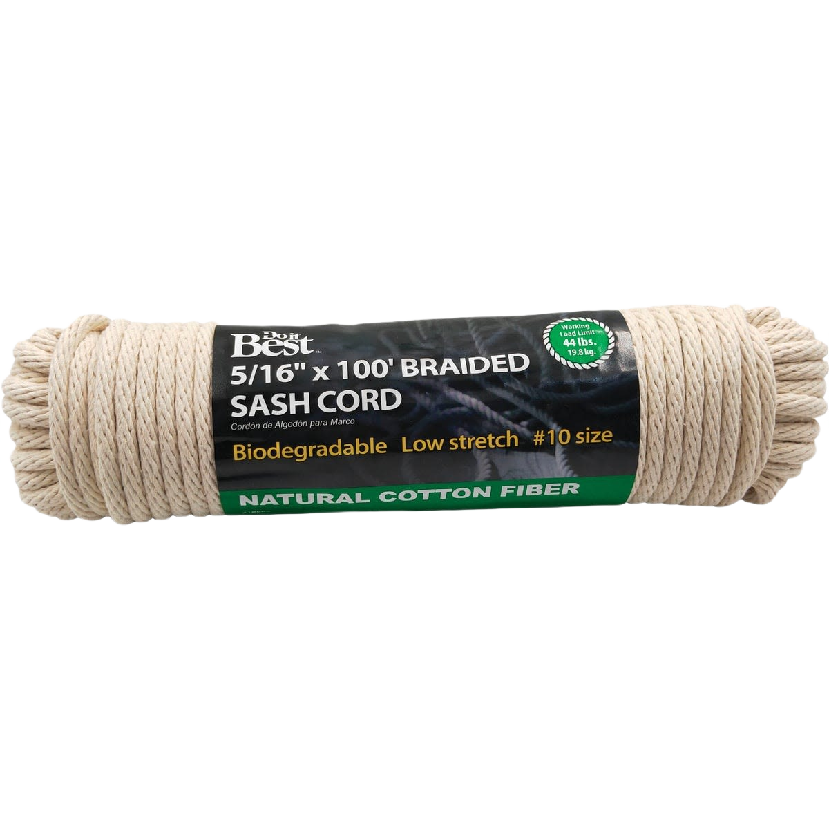 White solid braided cotton sash cord roll with biodegradable natural fibers for home improvement use