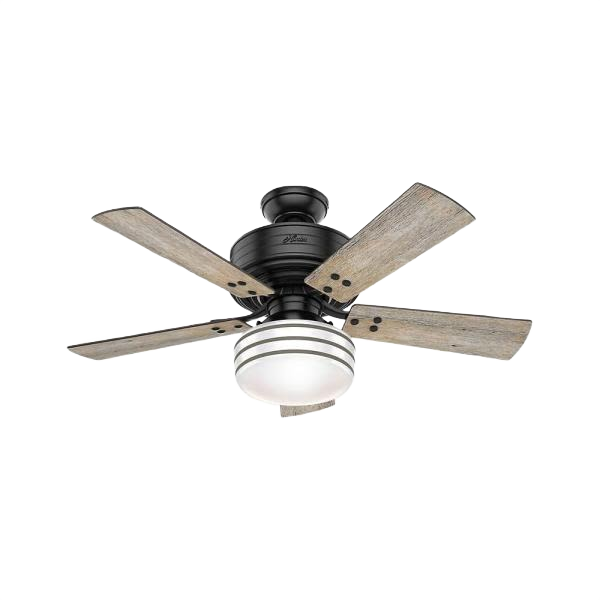 Contemporary indoor ceiling fan with matte black finish, wooden blades, and integrated frosted glass light fixture