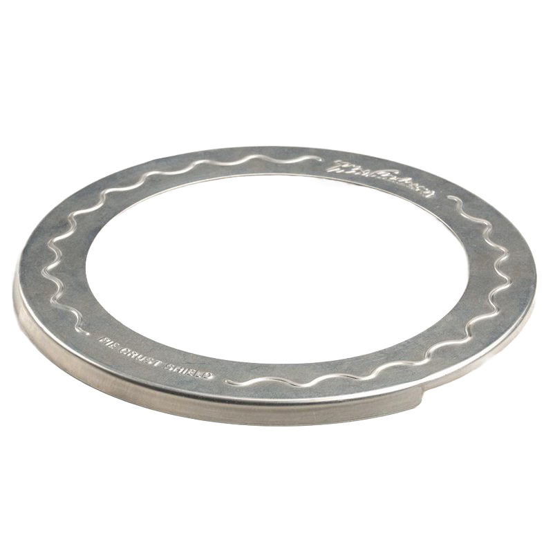 Round stainless steel pie crust shield with wavy edge for protecting crusts during baking in kitchenware and bakeware collections