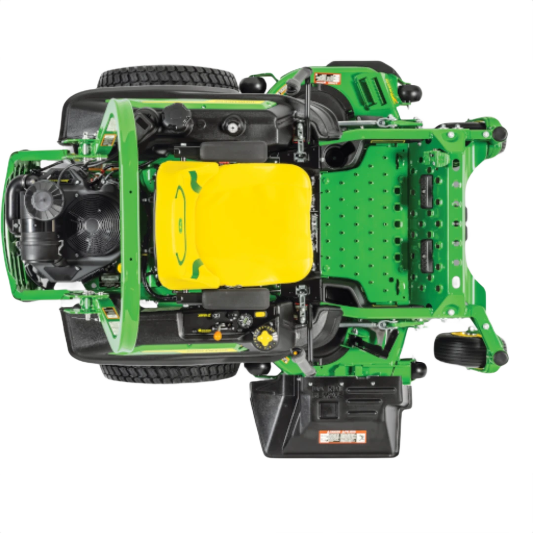 Top-down view of John Deere green lawn mower with bright yellow ergonomic seat and sturdy metal components for home lawn maintenance