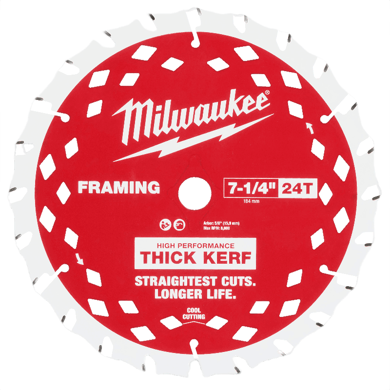 Red Milwaukee framing saw blade with thick kerf and 24 teeth for woodworking and power tool accessories.
