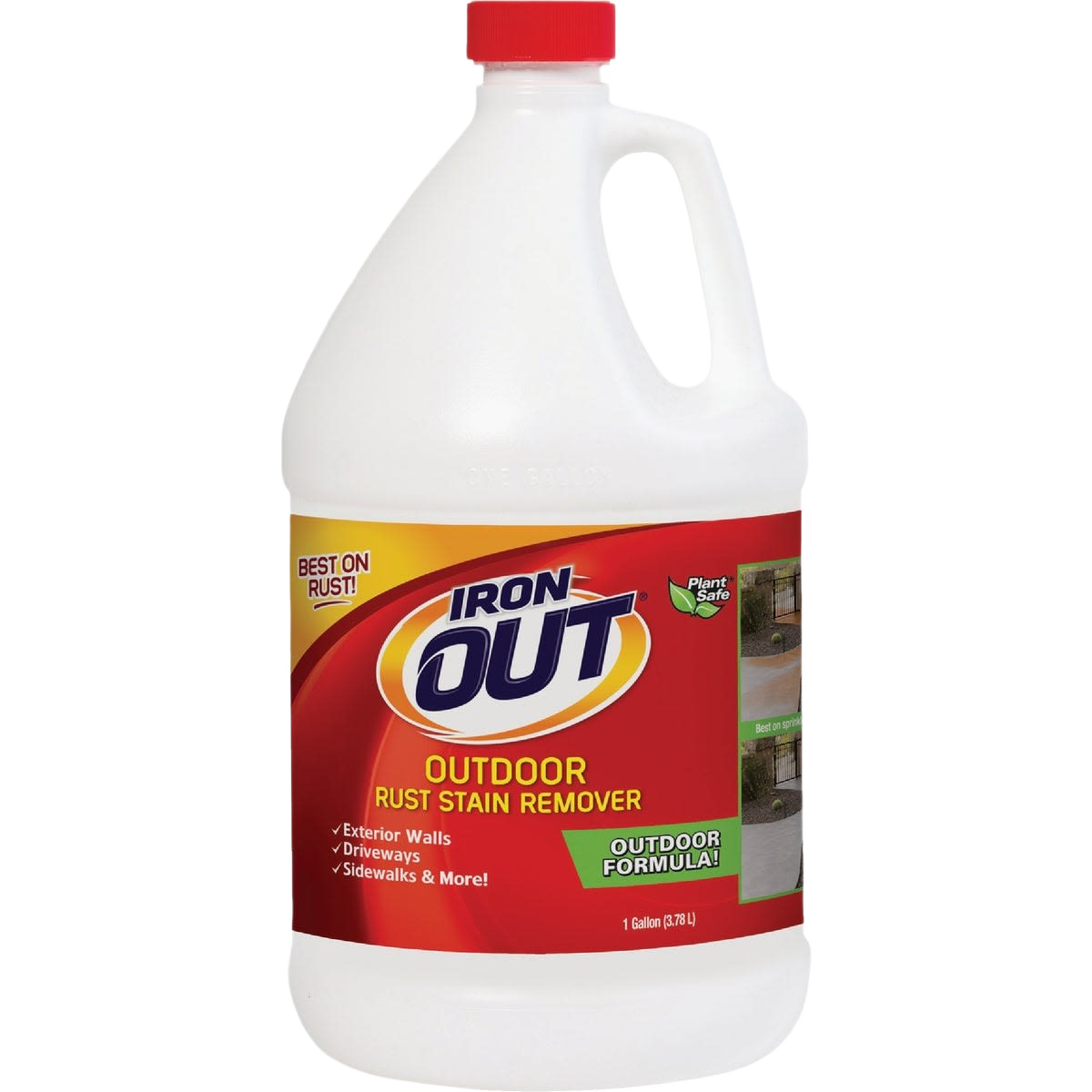 One gallon jug of outdoor rust stain remover with red and yellow label for plumbing and home improvement use