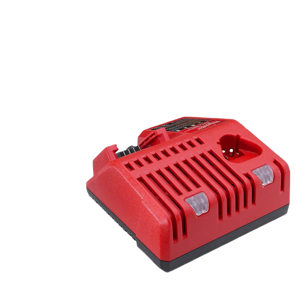 Red compact multi-voltage charger for cordless tool batteries designed for efficiency in home improvement projects