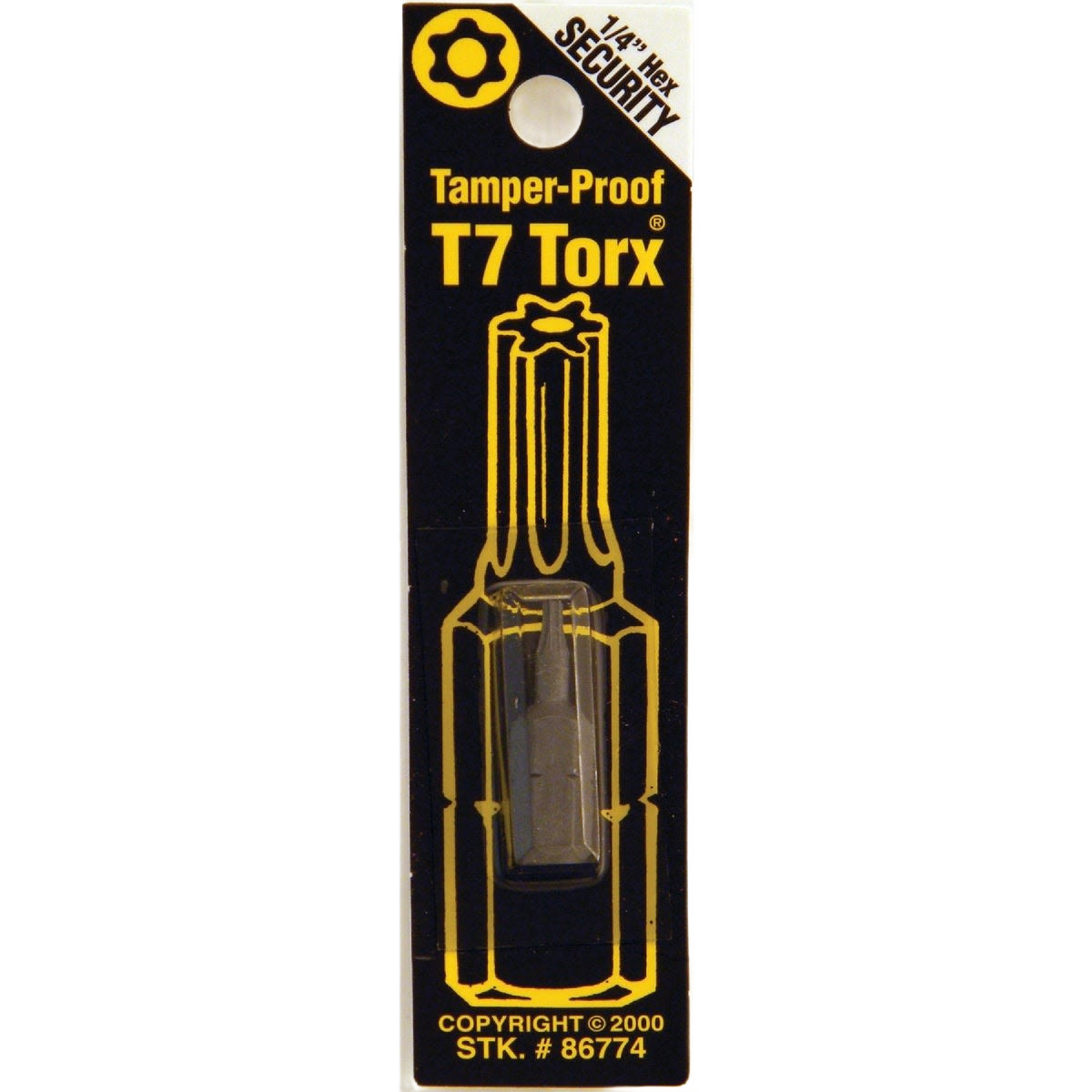 Tamper-proof T7 Torx security bit with hex shank in black and yellow packaging for power tool accessories and home improvement.