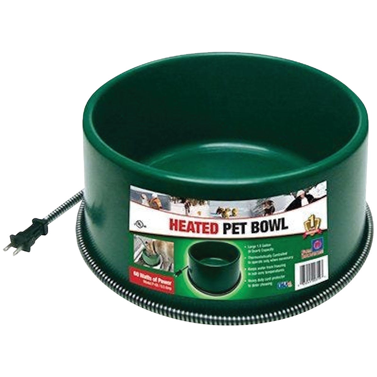 Dark green electric heated pet bowl with power cord designed to keep water from freezing in cold weather