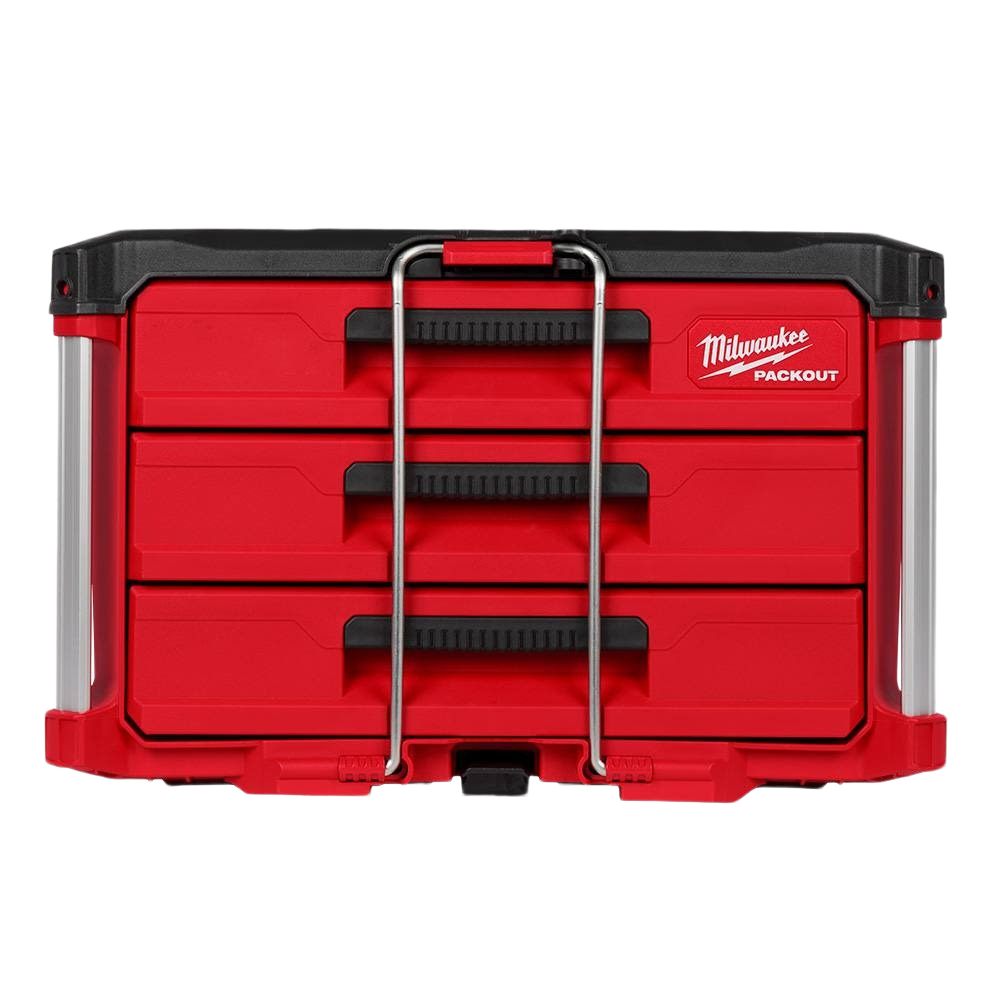 Red and black Milwaukee PACKOUT modular three-drawer tool box for tool storage and workshop organization