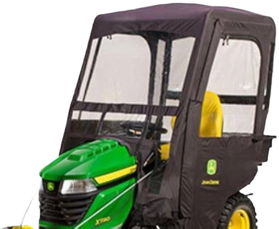 Black weather enclosure with clear windows designed for tractor protection in power tool and accessory use