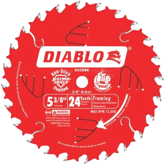 Red Diablo 5-3/8-inch saw blade with 24 carbide teeth for framing in woodworking and power tool accessories collections