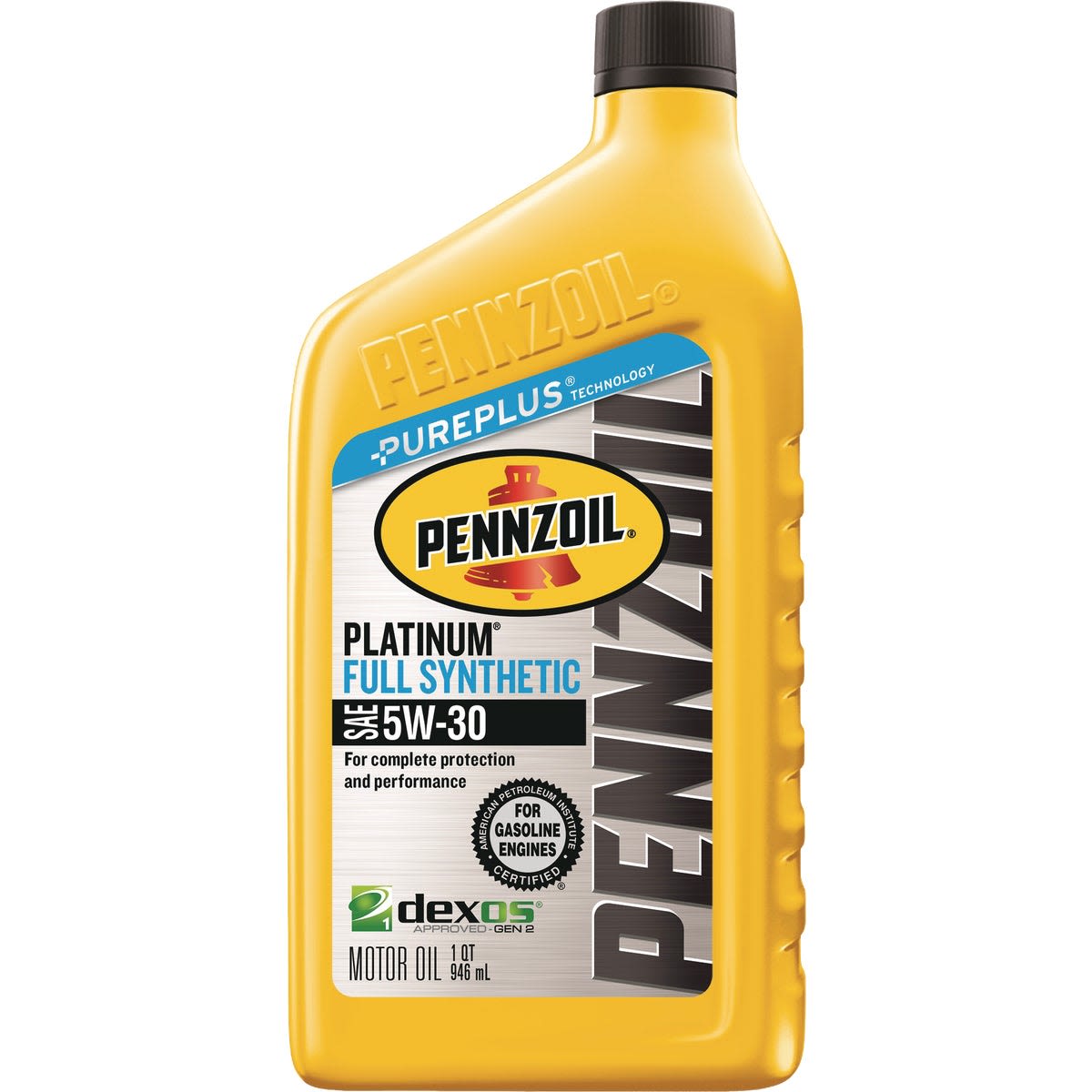 Yellow container of synthetic motor oil with Pennzoil branding and full synthetic 5W-30 label for gasoline engines
