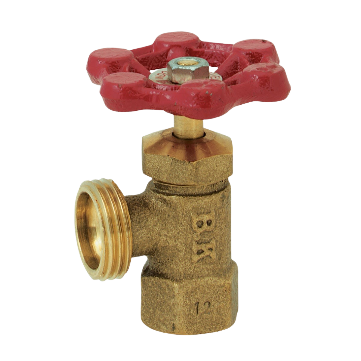 Brass boiler drain valve with red star-shaped handle and threaded connections for tools and home improvement projects