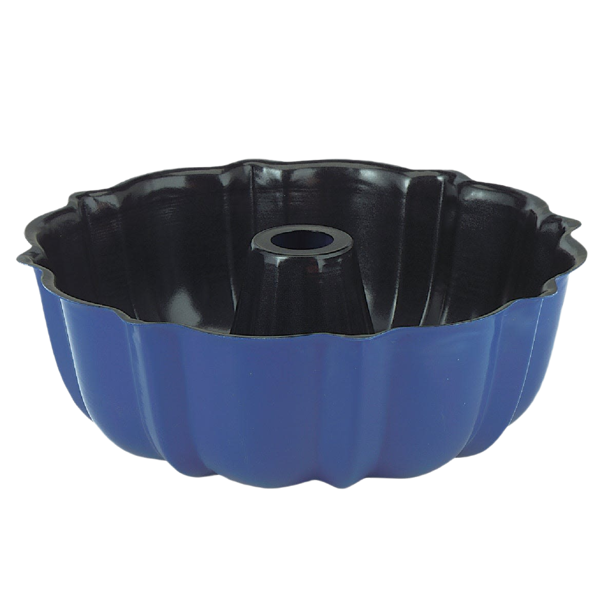Blue fluted bundt cake pan with nonstick coating, ideal for bakeware and kitchenware collections under $50.