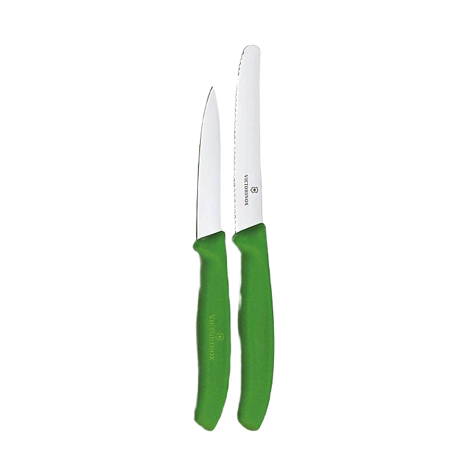 Two-piece kitchen utensil set with green-handled paring and utility knives for cooking and food preparation tasks