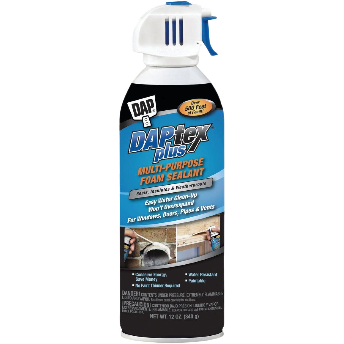 Canister of multi-purpose foam sealant with applicator handle for sealing and insulating in home improvement projects