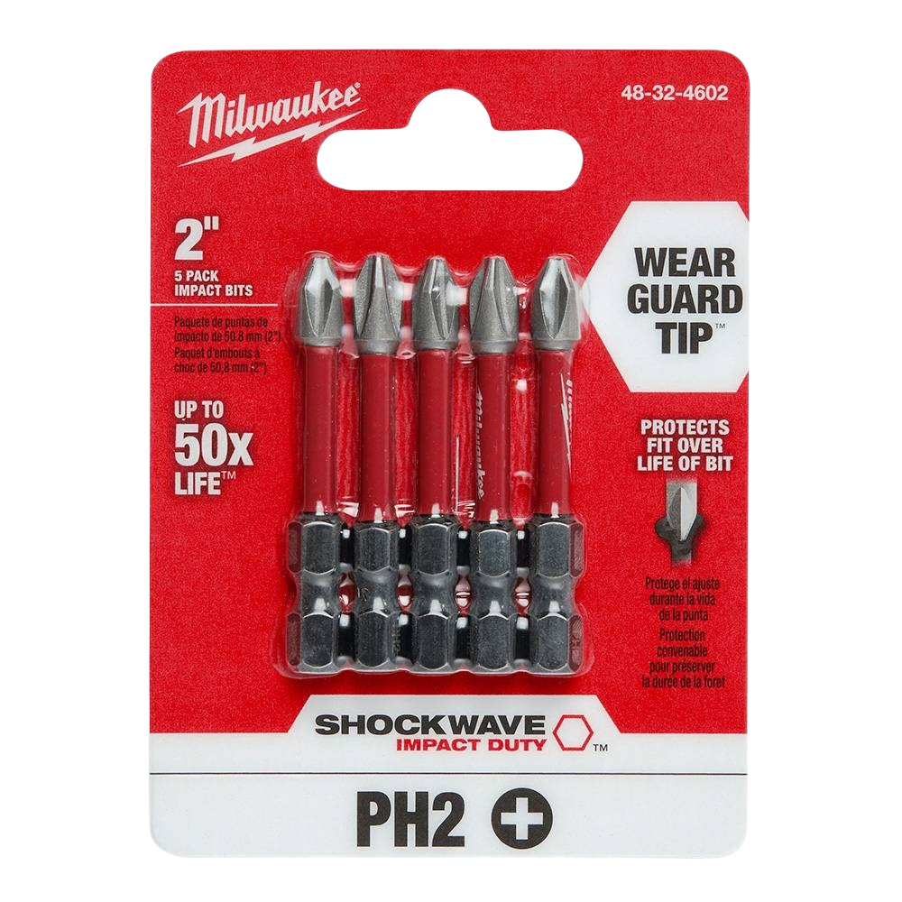 Set of five 2-inch PH2 Phillips impact bits with Wear Guard Tip technology for durable tool accessories under $50 collections