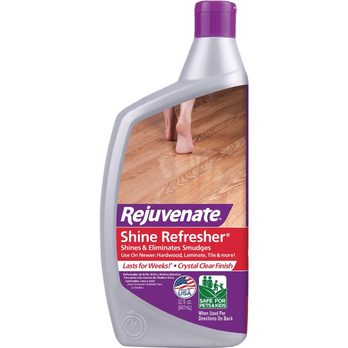 Gray bottle of floor cleaning solution with purple cap, promoting shine and smudge elimination on hardwood and tile floors