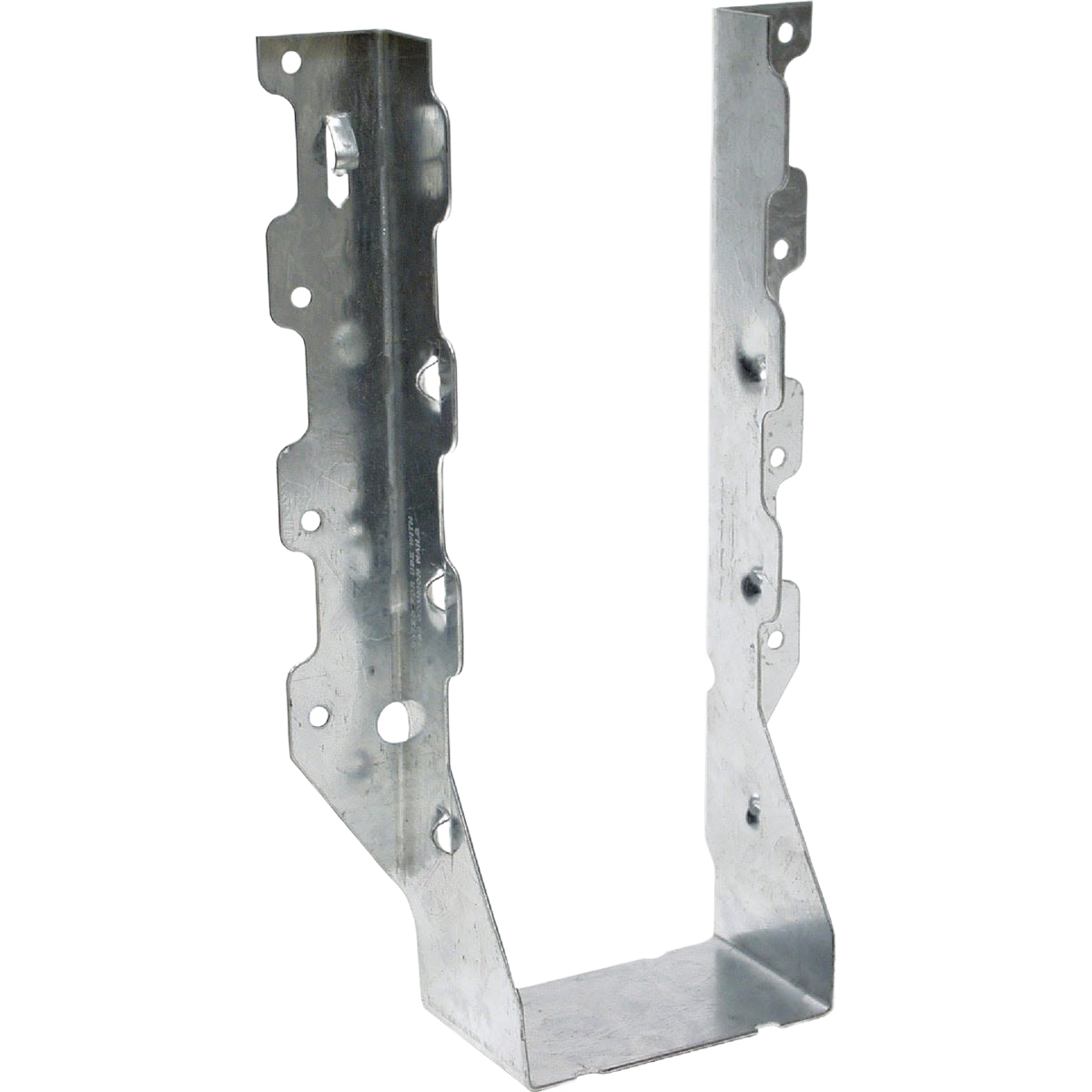Galvanized steel double joist hanger with multiple nail holes for securing lumber in building materials collection