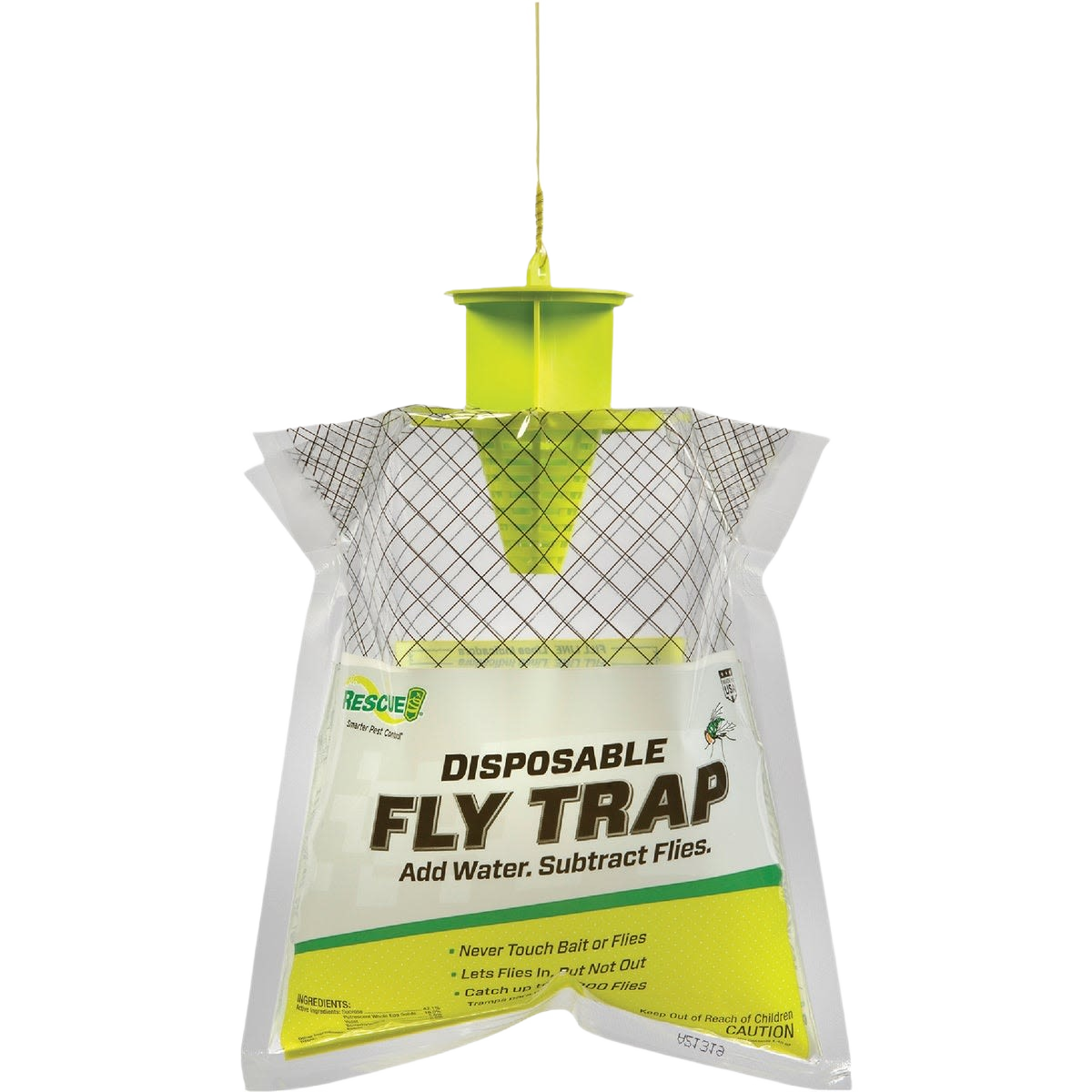 Disposable fly trap with yellow top, hanging design for insect and pest control in lawn and garden collections