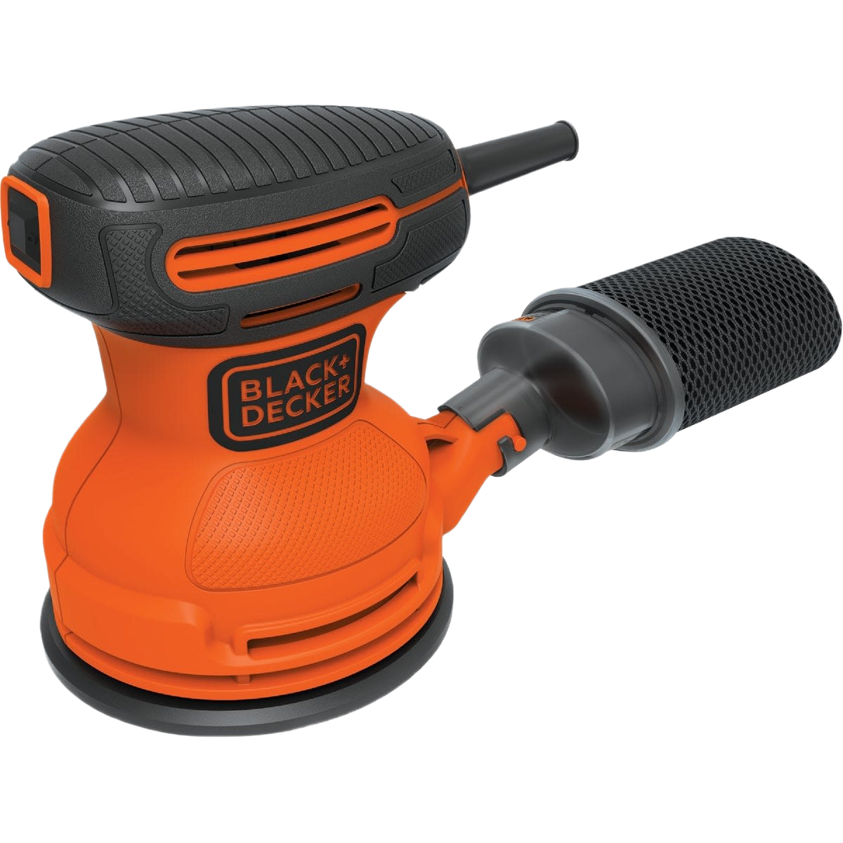 Compact orange and black random orbit finish sander with ergonomic grip and attached dust collection for home improvement tasks